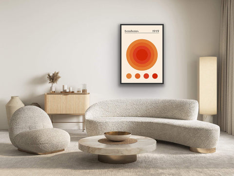 Framed photo paper poster with geometric pattern and vibrant colors in modern living room.