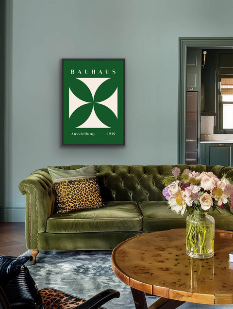 Framed poster featuring Bauhaus geometric art in a modern living room setting.