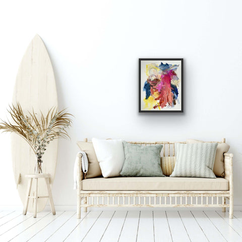 "Time of Magnolias II" by CMGregory framed artwork on wall above a stylish sofa, 40x50cm, vivid abstract colors.