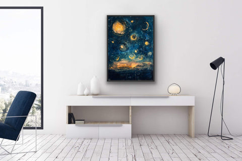 Framed matte paper poster featuring vibrant celestial artwork in a modern room setting.