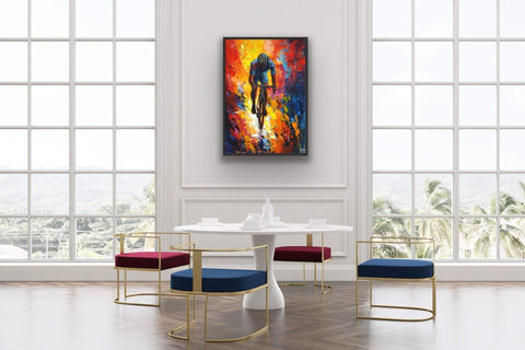 framed matte paper poster with vivid colors and dynamic brushstrokes in elegant room decor