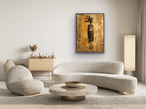 Framed matte paper poster with modern abstract art in a contemporary living room setting.