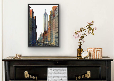 Framed matte paper poster featuring urban cityscape, enhancing room decor with sophistication.