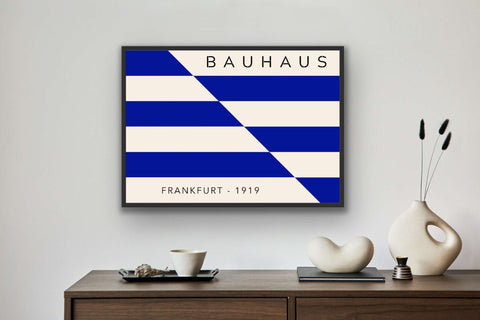 Bauhaus-inspired framed poster with blue and cream geometric design, Frankfurt 1919.
