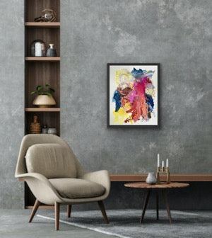 "Time of Magnolias II" by CMGregory, abstract art with vivid colors, framed on a wall, 40x50cm, Hahnemühle paper.