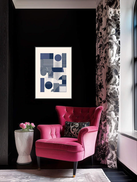 Framed poster with modern geometric design in blue hues, enhancing contemporary decor.