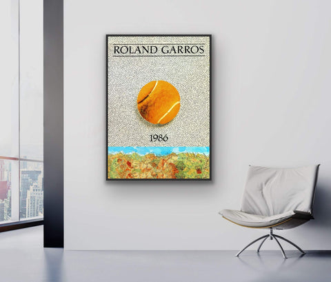 Framed poster of Roland Garros tennis tournament with tennis ball, French map, and vintage design.