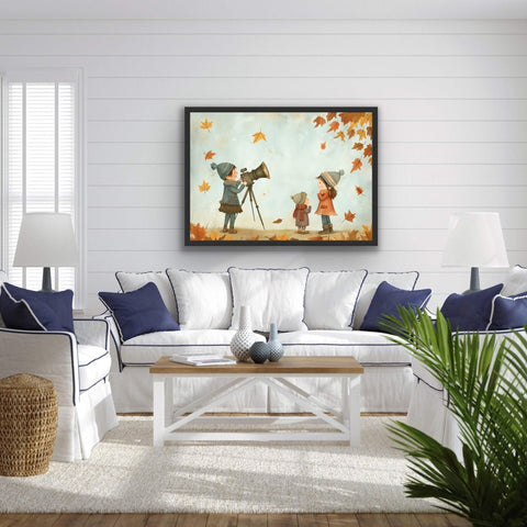 Framed poster featuring whimsical autumn scene in a black frame, perfect for adding charm to any room.