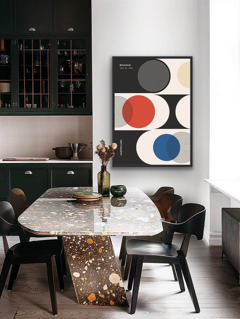 Framed poster with geometric art in vibrant colors, ideal for modern decor.