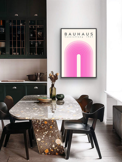 Framed poster with modern graphic art in a stylish home interior.