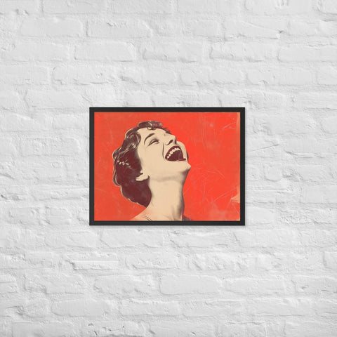Framed matte paper poster with vibrant retro art print on a white brick wall.