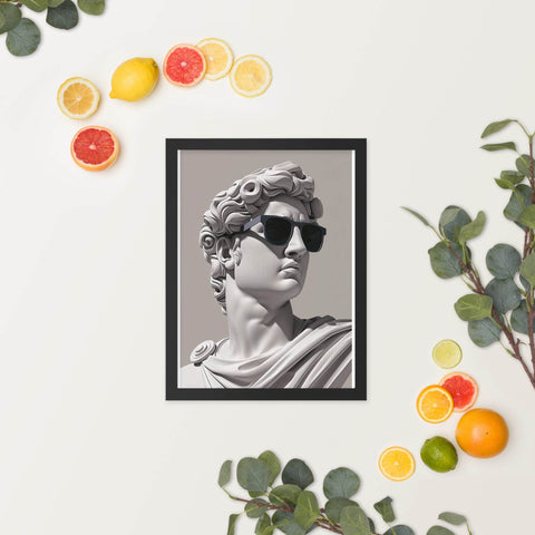 Framed poster of classical sculpture with sunglasses, modern edgy wall decor.