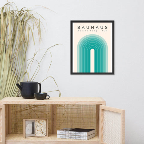 Framed poster with Bauhaus Ausstellung 1923 minimalist design, adding mid-century modern style to decor.