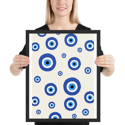 Framed poster with blue and white patterned art print for modern home decor.