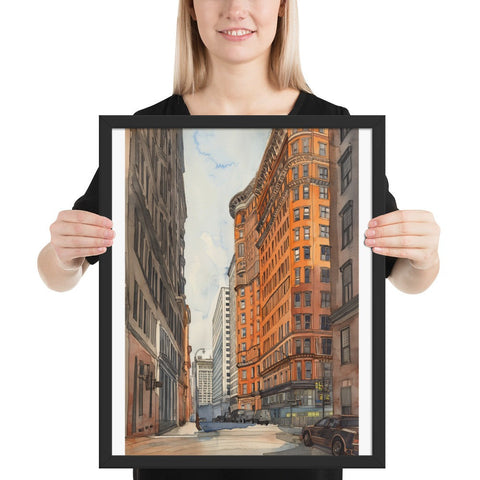 Framed poster featuring vibrant urban scene, perfect for enhancing contemporary home decor.