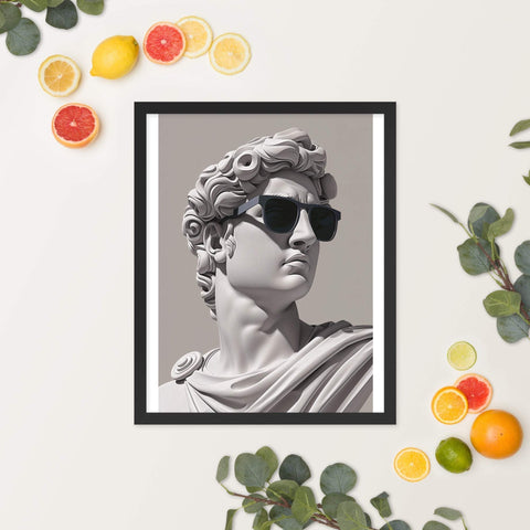 Framed poster featuring classical sculpture with sunglasses, modern art print for home decor.