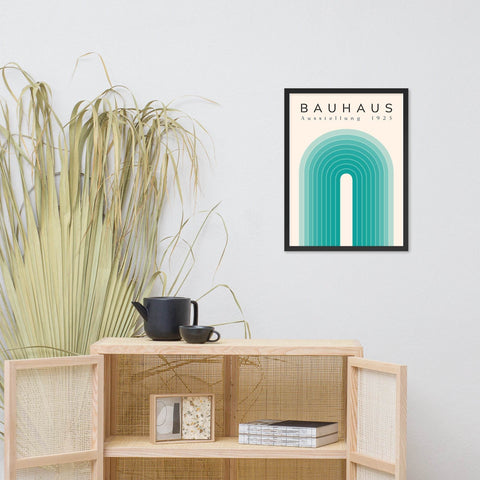 Framed poster with Bauhaus Ausstellung 1923 design, featuring minimalist retro aesthetic, enhancing mid-century modern home decor.