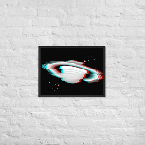 Framed poster featuring a vibrant glitch art design of a planet, perfect for contemporary home decor.