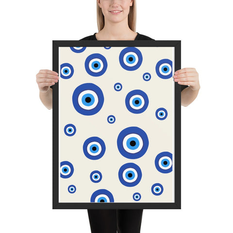 Framed poster with blue and white pattern enhancing modern home decor.