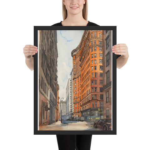Vibrant urban scene framed poster with black frame, ideal for sophisticated decor.
