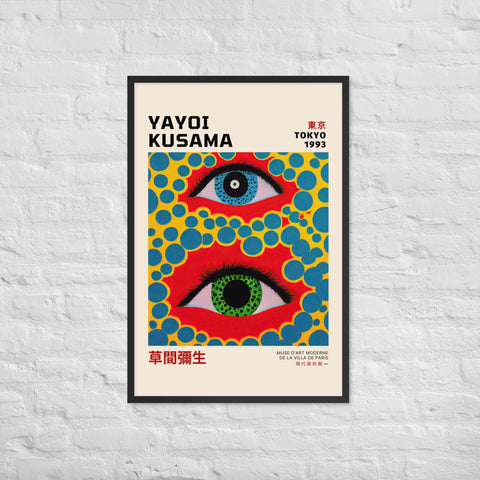 Framed poster featuring bold and colorful Yayoi Kusama art, Tokyo 1993 design.