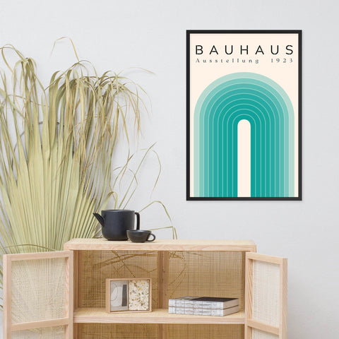 Framed poster with Bauhaus Ausstellung 1923 minimalist retro design, enhancing home decor with mid-century modern style.