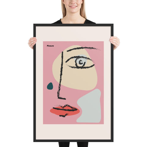 Framed poster with abstract face design, modern art decor.