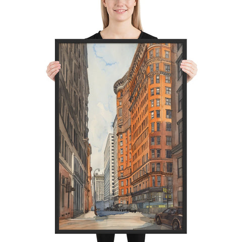 Framed poster featuring a vibrant urban scene, perfect for enhancing living spaces and city lovers.