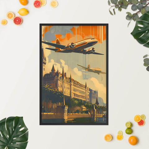 Framed poster featuring vintage airplane imagery and architectural details, perfect for enhancing home decor with a touch of wanderlust.