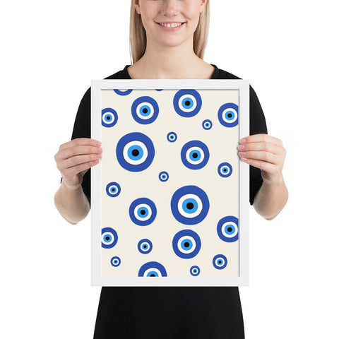 Framed poster with blue and white pattern, modern wall art for home decor.