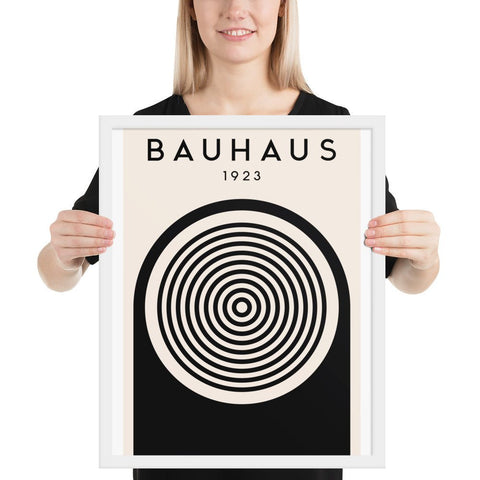Bauhaus 1923 framed poster with black and white geometric design, featuring concentric circles.