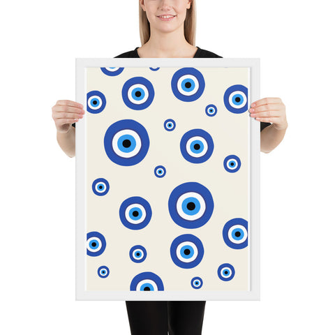 Framed poster with blue and white circular pattern, modern wall art for home decor.