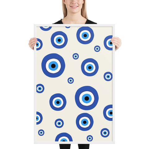 Framed poster with blue and white pattern enhancing home decor.