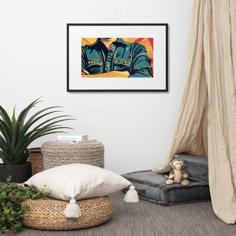 Pop art style matte paper framed poster with mat and black frame in a modern room setting.