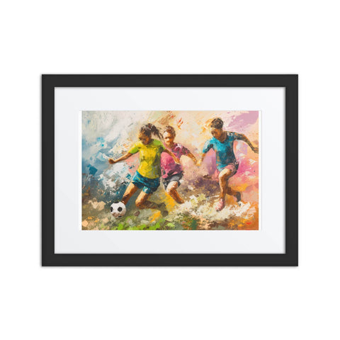 Framed poster of colorful youth sports artwork in a black frame.