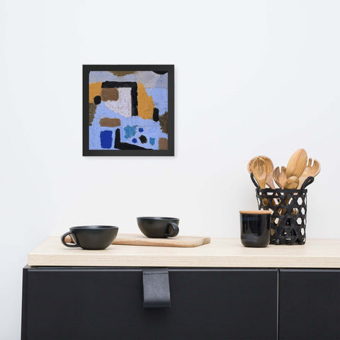 Framed photo paper poster with abstract design in black frame, enhancing modern home decor.