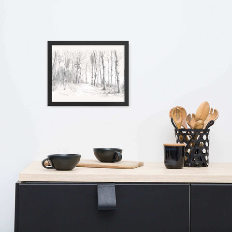 Framed photo paper poster featuring sketch-style monochromatic wooded scene for home decor.