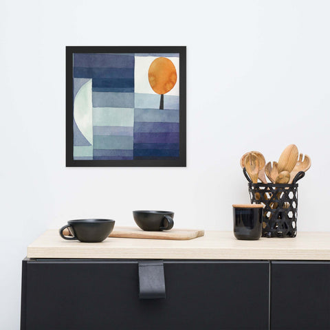 Framed photo paper poster on modern sideboard in stylish living space.