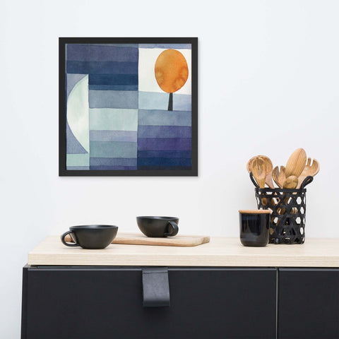 Framed photo paper poster on modern sideboard in elegant living space.