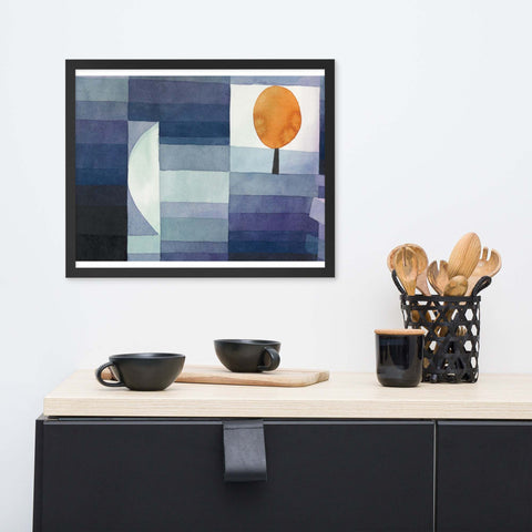Framed photo paper poster above modern sideboard with sleek design and elegant decor.