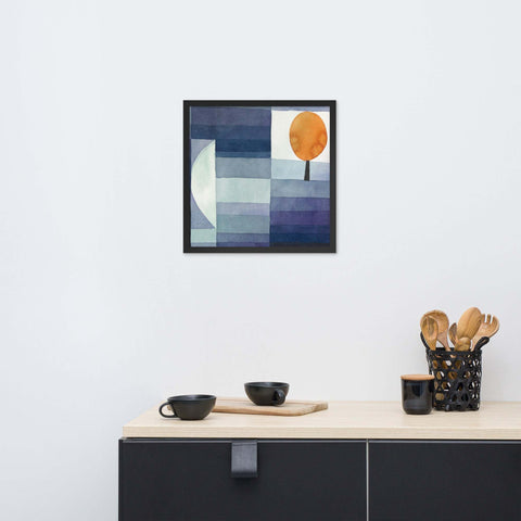 Framed photo paper poster on modern sideboard in stylish living room.
