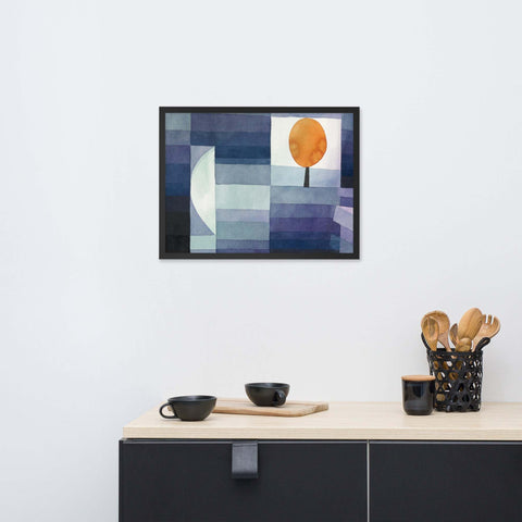 Framed photo hanging above modern sideboard in stylish living space.