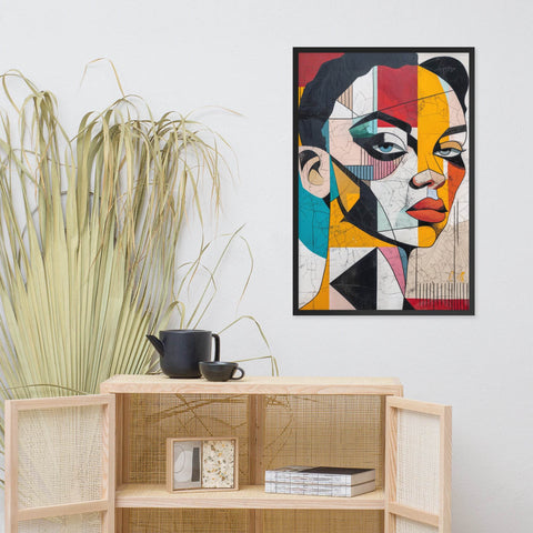 Framed photo paper poster with colorful abstract portrait in modern room setting.