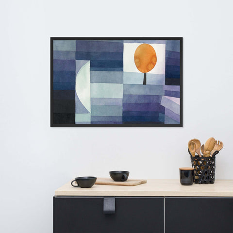 Framed photo paper poster on modern sideboard with sleek design in elegant living space.