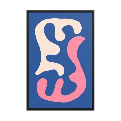 Blue Blush Abstract Curves framed poster 24x36 inches, vibrant modern art with fluid organic shapes.