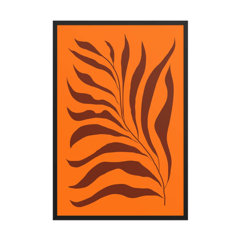 Botanic Flame – Tropical Motion poster, featuring brown leaves on an orange background, 24x36 inches, framed.