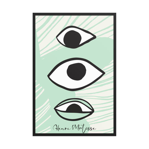 Three Eyes See All 24x36 framed poster with black-and-white eyes on mint green background.