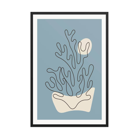 Framed "Moonlight Coral" poster 24x36 with minimalist coral line art against blue background.