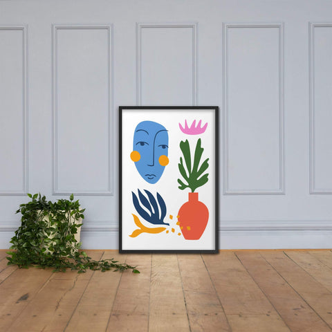 Framed abstract poster "Face & Flora – Dialogue in Color" 24x36" featuring vivid, modern botanical and facial design.