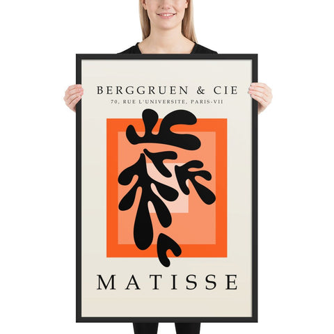 Matisse at Berggruen framed poster, featuring organic black forms on orange gradients, 24x36 inches.
